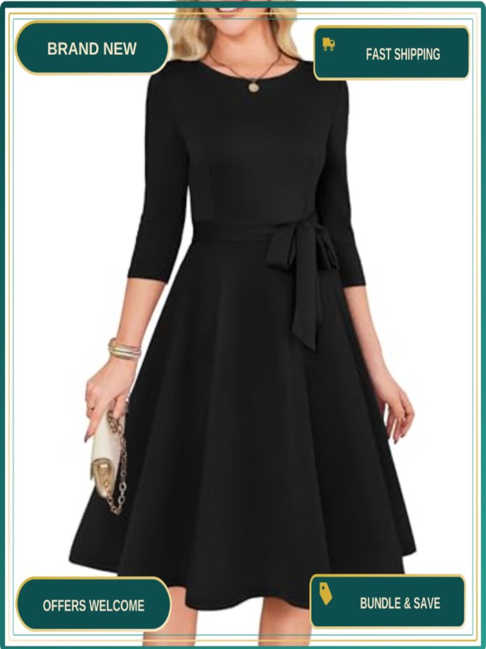 Women's 3/4 Sleeve A-Line Dress with Removable Belt